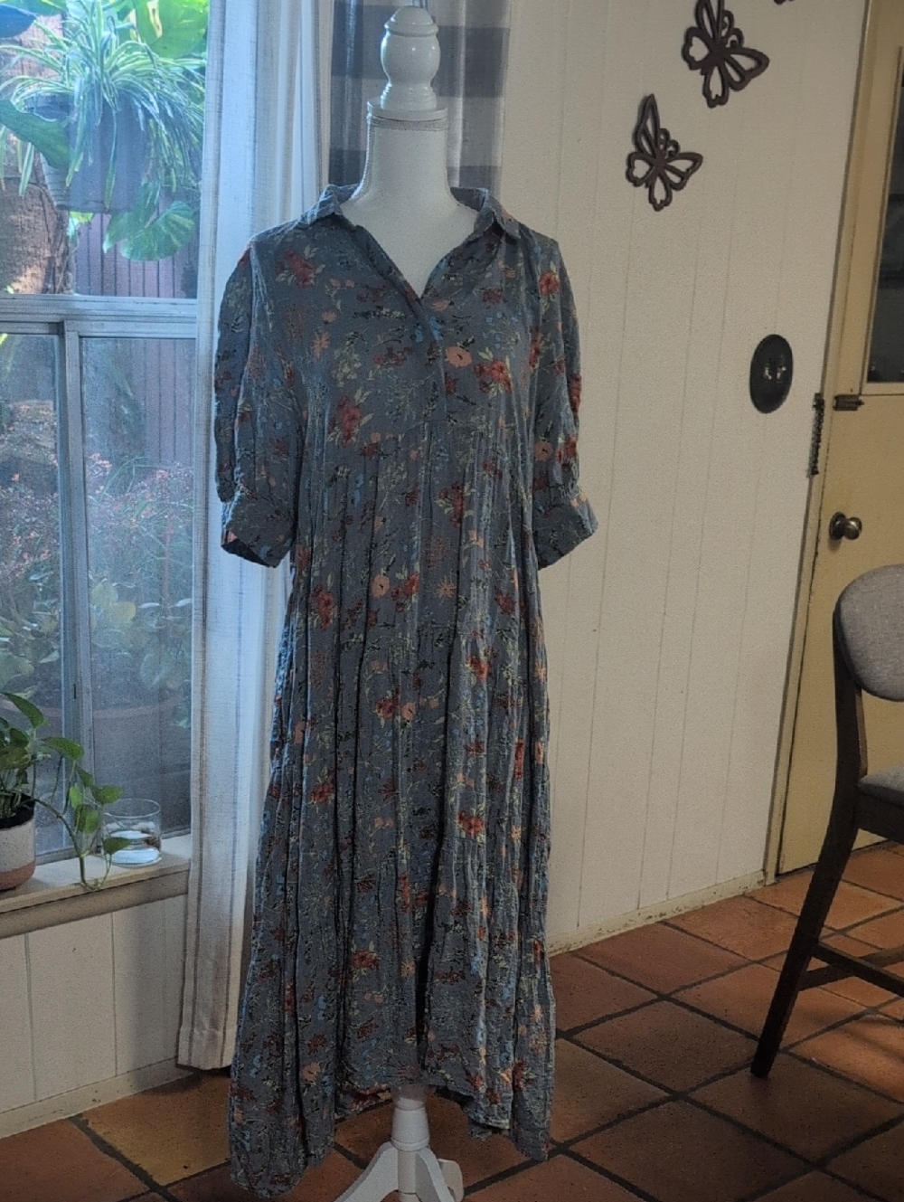Natural Life Floral Dress.Gray Orange Tiered. - Picture 2 of 8